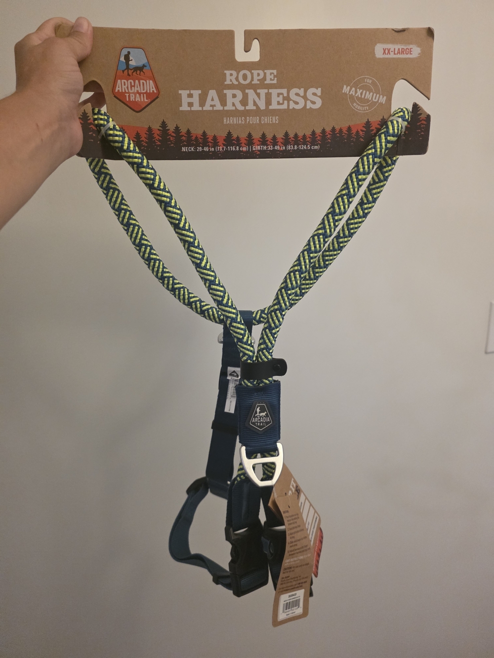 Arcadia Rope Dog Harness in Navy Blue with Neon Yellow Pattern